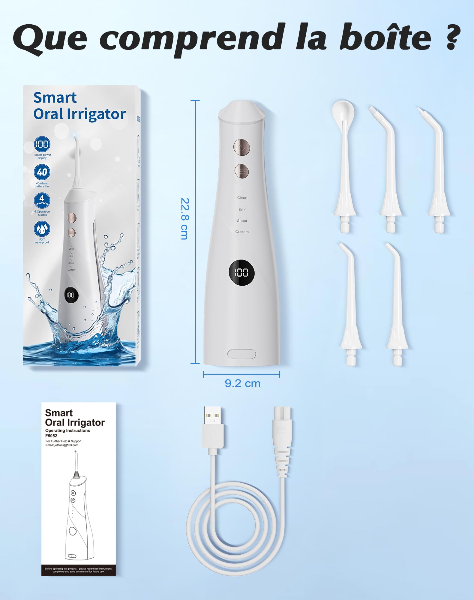 Hydropulseur Dentaire, Jet Dentaire Vainqueur du Test 2025, 5 Embouts et 4 Modes, Nettoyage Interdentaire, Soins Bucco-Dentaires, Grand Réservoir, Étanchéité IPX7, pour la Maison et Les Voyages