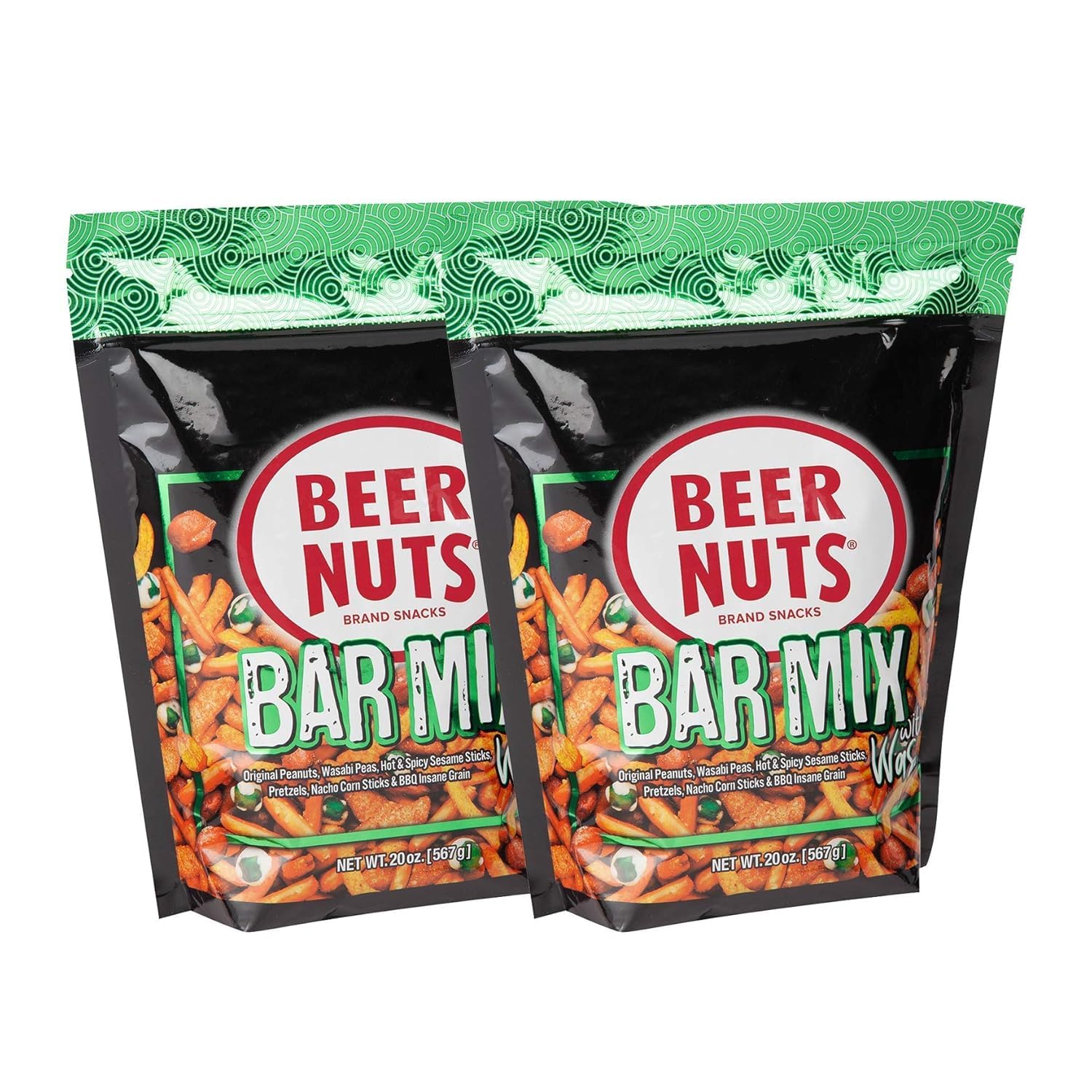 BEER NUTS Bar Mix w/Wasabi - Pretzels, Cheese Stix, Sesame Stix, Insane Grain & Wasabi Peas - 20oz Resealable Bag (Pack of 2)
