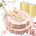 NOCCUR 175PCS Pink Plates with Gold Disposable Silverware - Include 50 Pink Plastic Plates,25 Knives,25 Forks,25 Spoons,25 Cups and 25 Napkins - Ideal for Party/Wedding/Mother's Day