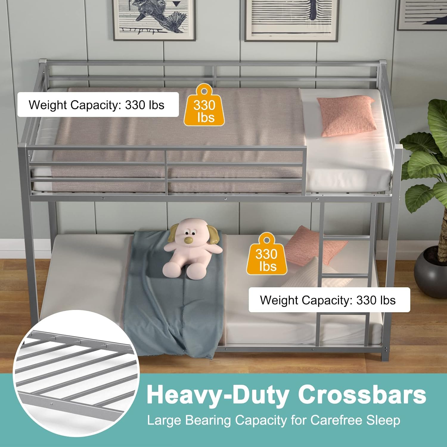 DORTALA Bunk Bed Twin Over Twin, Twin Bunk Beds w/Guardrail & Ladder, Metal Bunk Bed for Dormitory & Multiple-Child Family, Twin Bunk Beds for Toddler, Kids, Silver