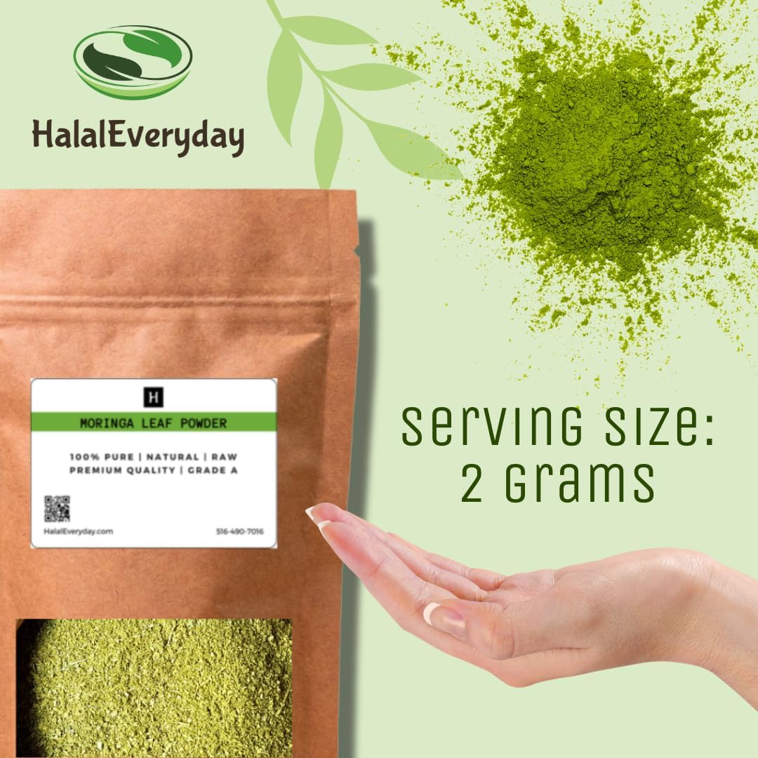 HalalEveryDay Moringa Leaf Powder, 100% Pure Vegan Supplement, Energy Booster, Ingredient for Multi-Vitamin Smoothies, 1lb / 16oz Bag