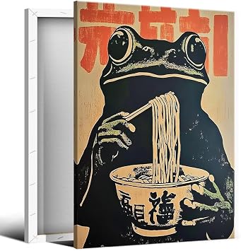 Prinajssiad Frog Ramen Poster, Black Frog Eating Noodles Canvas Wall Art, Quirky Animal Japanese Kitchen Print, Unique Japandi Dining Room Picture 8x12in Wrapped Canvas