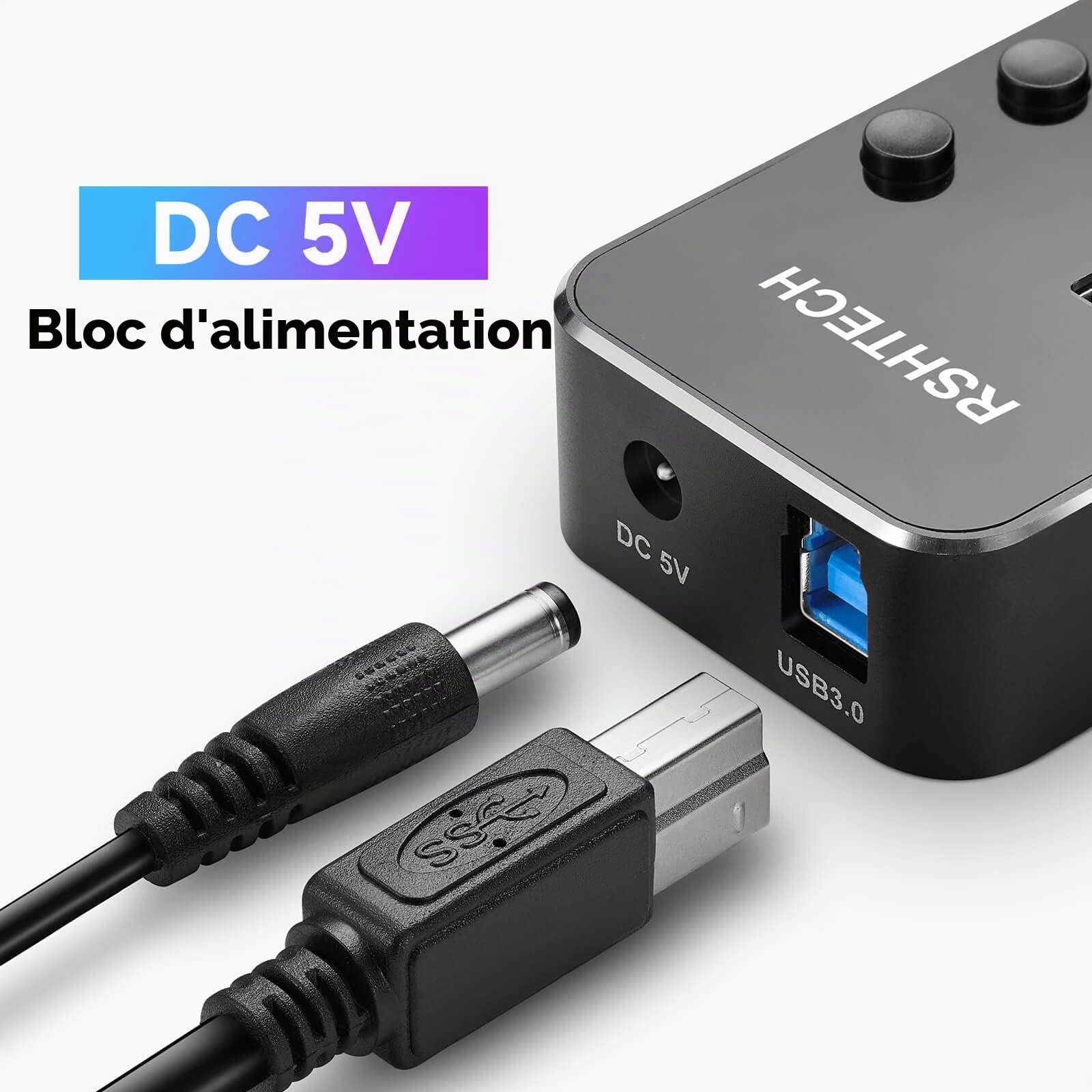 Powered UBS Hub, RSHTECH 7 Port USB 3.0/USB C Hub Upgraded Version Aluminum USB Hub with 2-in-1 USB Cable,5V 3A Power Adapter and Individual Switches, USB Port Expander Hub for Laptop and PC, RSH-ST07