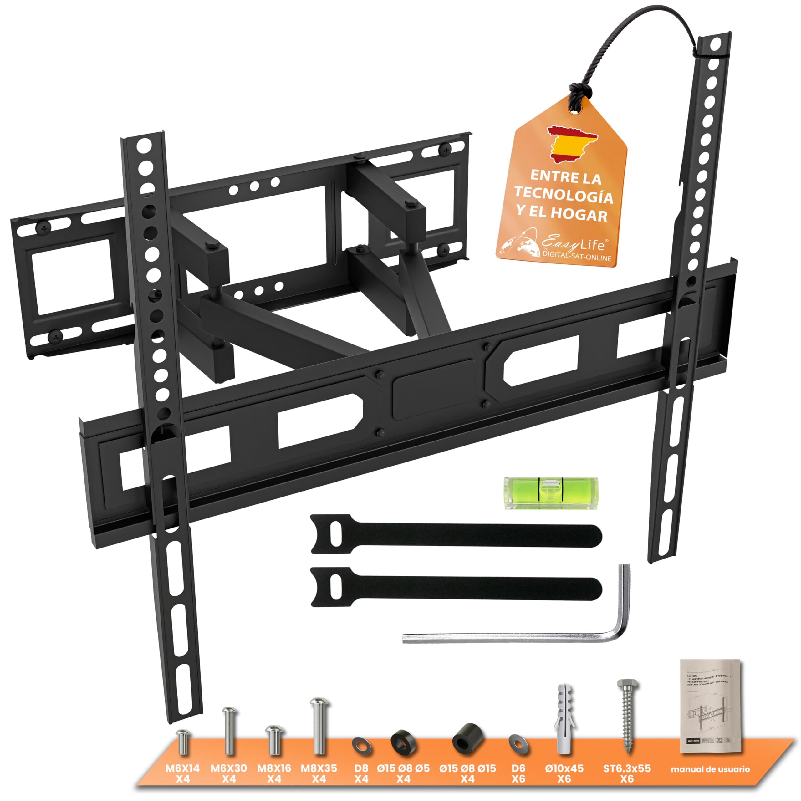 Easylife Soporte de TV de Pared FlexMount E80 Dual 37–80'', Doble Brazo, Inclinable y Giratorio, VESA 600x400, hasta 40KG, Plano Articulado para Televisor Pared con Gestión de Cables