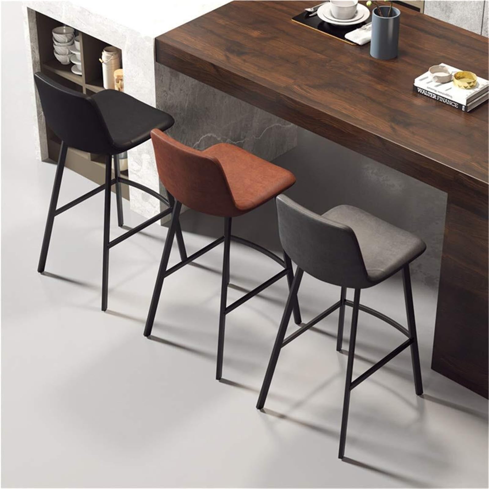 Tabourets de bar rustiques vintage – Tabouret de bar avec dossier, siège de salle à manger en tissu et cuir, pieds en métal de 75 cm de haut, meubles de cuisine gris élégant pour la maison
