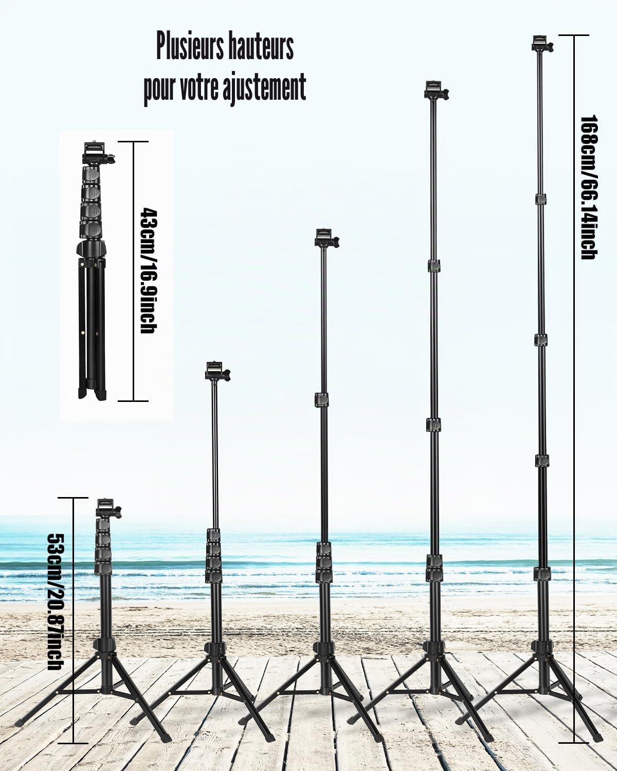 CAMBOFOTO Trépied Téléphone Portable 168cm Aluminium Professionnel,Trepied Smartphone, Support Universel pour Smartphone/iPhone/Appareil Photo, Léger et Portable pour Voyage, Vlogging