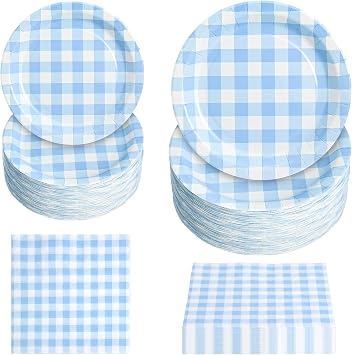 180Pcs Blue Gingham Party Supplies Paper Plates and Napkins Serve 60 Disposable Tableware Set for Birthday Party Decorations Game Day Family Holiday Sports Events