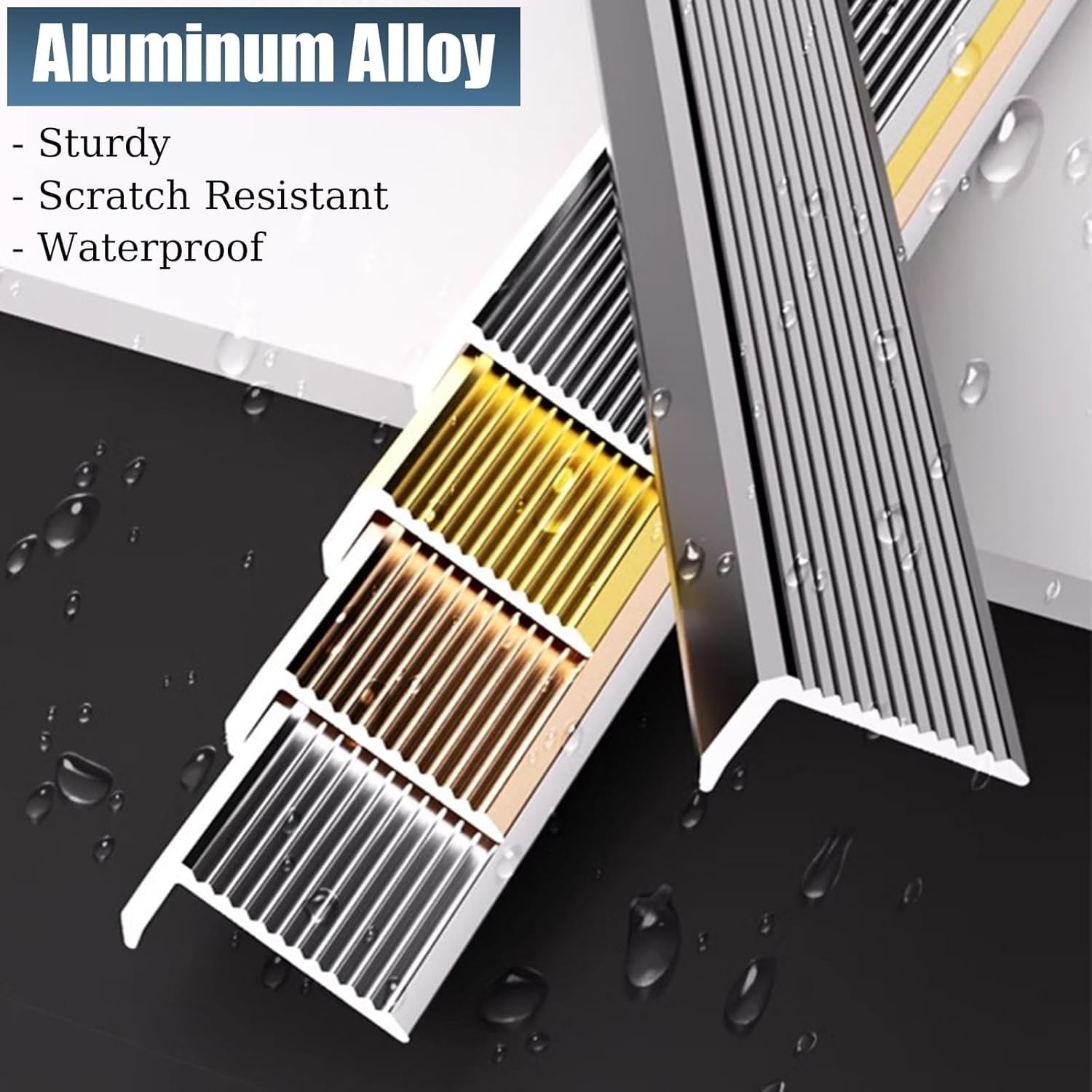 Borde de aluminio para escaleras, 10 cm de ancho, impermeable, antideslizante, protector de bordes para suelos de madera, vinilo y azulejos, tira antideslizante para peldaños