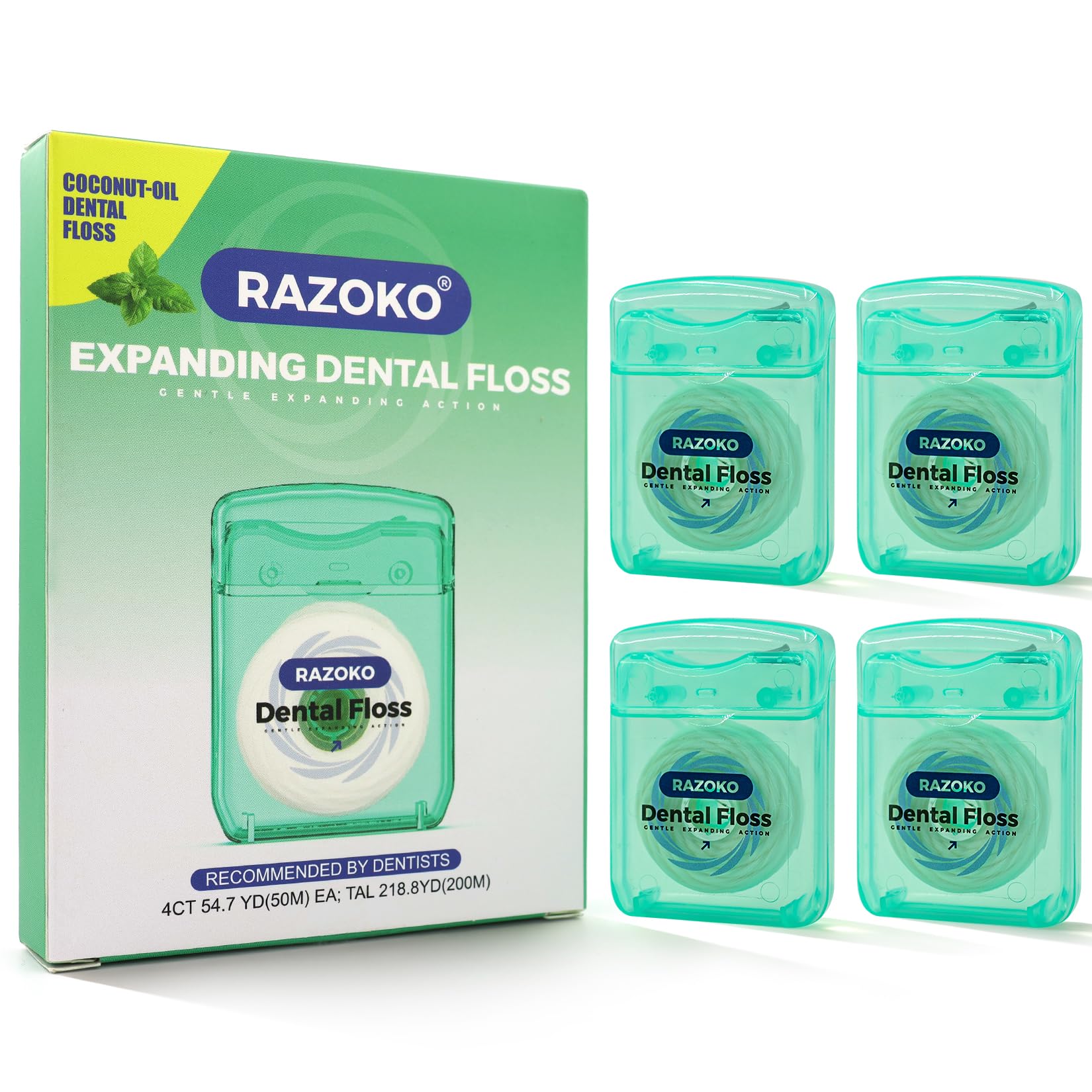 Coconut Oil Expanding Dental Floss - Gentle on Teeth & Gums, Kid-Friendly, Waxed, Light Mint Flavor, PTFE & PFAS Free, 4 Spools - Mint Flavor