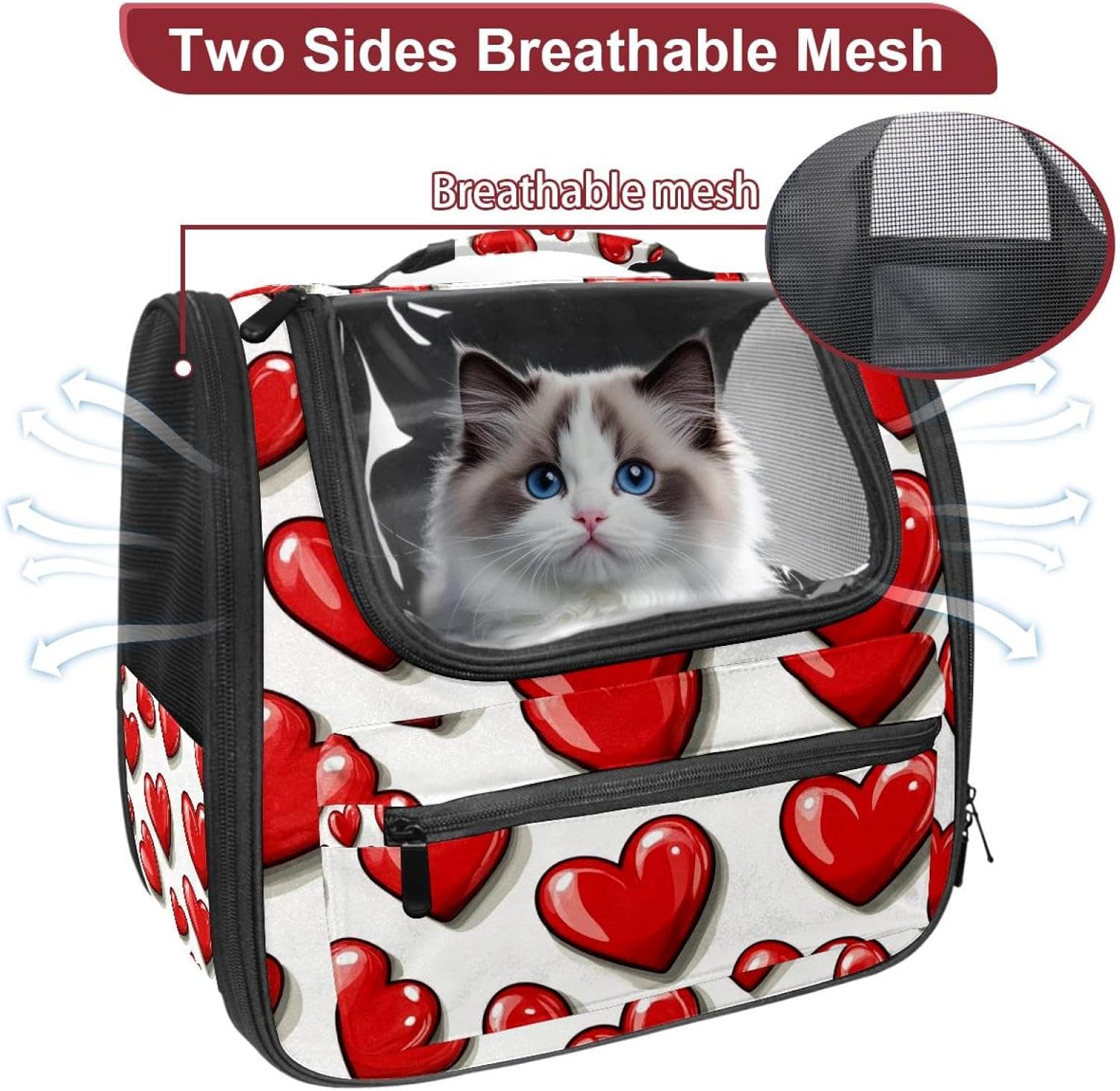 Portable Travel pet Backpack Carrier Hamster Bag Small Dog cat Carrier Breathable Hang Bag, Red Hearts Seamless Pattern (2)