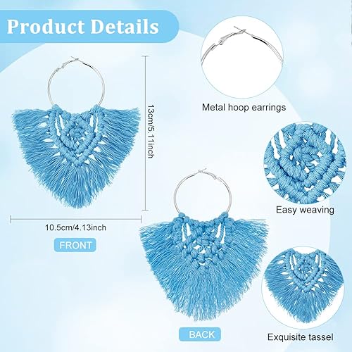 Miniatura 3 de FREEBLOSS Juego de 6 pares de aretes de macramé para mujeres y niñas, coloridos aretes de cordón de macramé con flecos bohemios con ganchos para