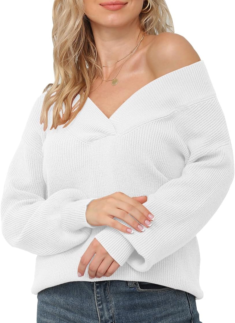 Feiersi Women's Off Shoulder Sweater Long Sleeve Loose Tops V-Neck Pullover Knit Jumper - Image 3