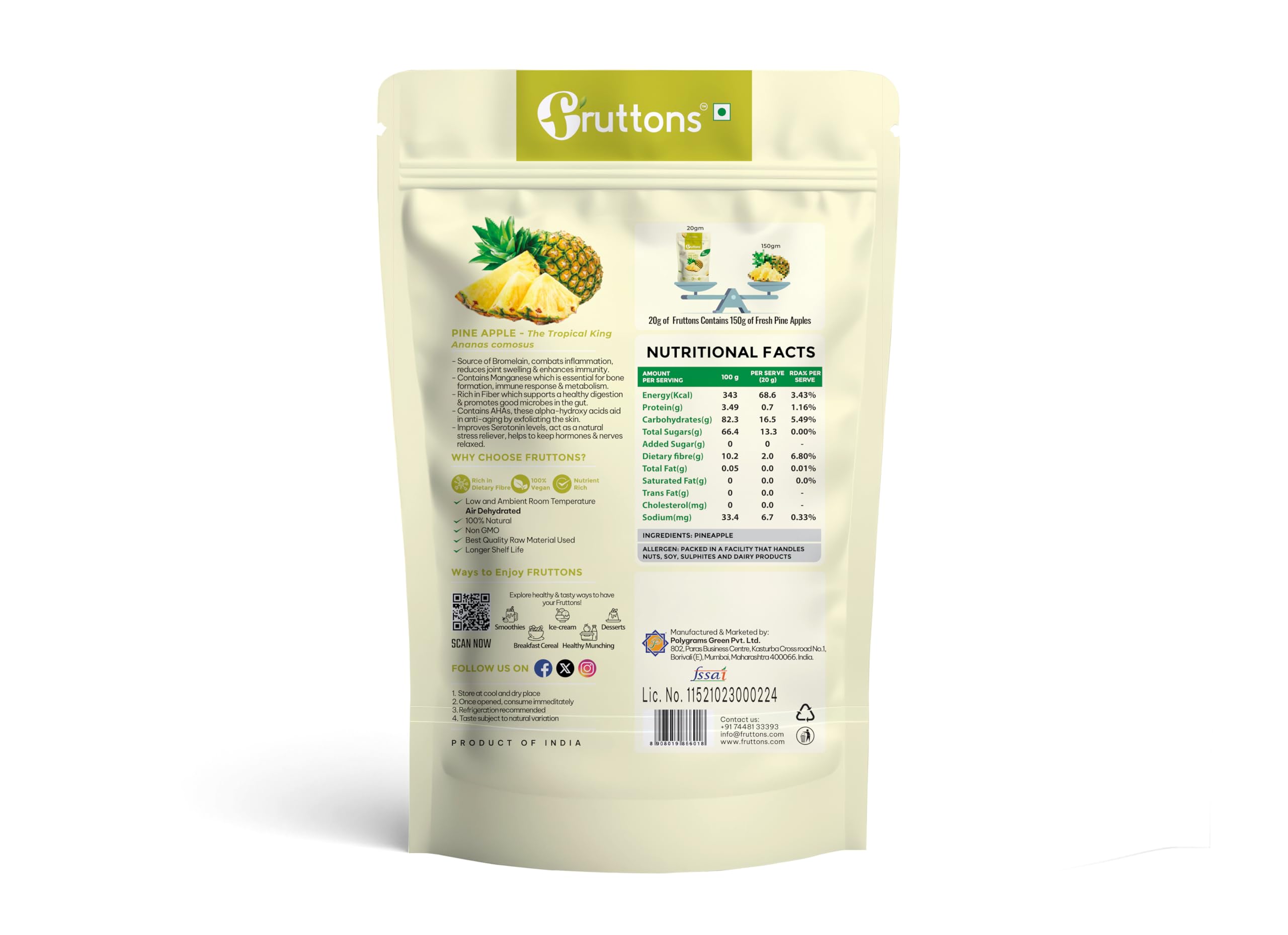 Fruttons Dehydrated Pineapple | Natural Dried Fruit Snack | No Added Sugar | Preservative Free | Rich in Fiber | Healthy Breakfast & Travel Friendly | Keto & Diabetic Snack (50g | Single Pack) - Image 3 thumbnail