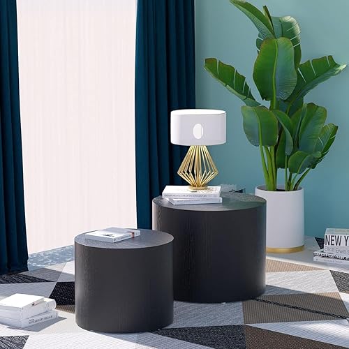 Miniatura 4 de Juego de 2 mesas de centro redondas, mesa auxiliar anidable y mesa auxiliar de madera con tambor circular pequeño para sala de estar y oficina, sin