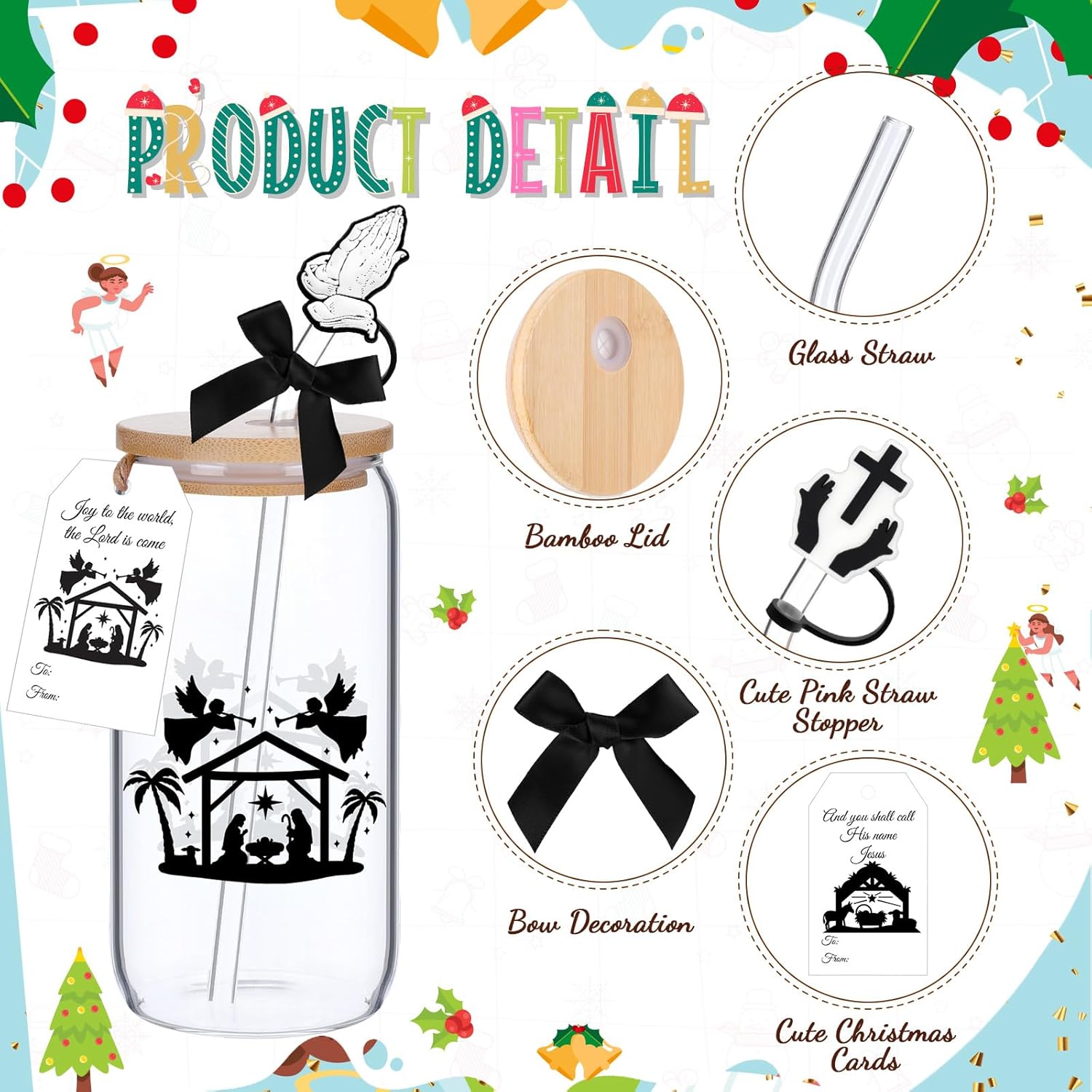 Vesici 6 Pcs Christmas Christian Gift 16 oz Nativity Glass Cups with Lid Straw and Stopper Christian Coffee Cup Tumbler Religious Gifts with Cards and Bow for Women Church Christmas Party Favor - Image 3