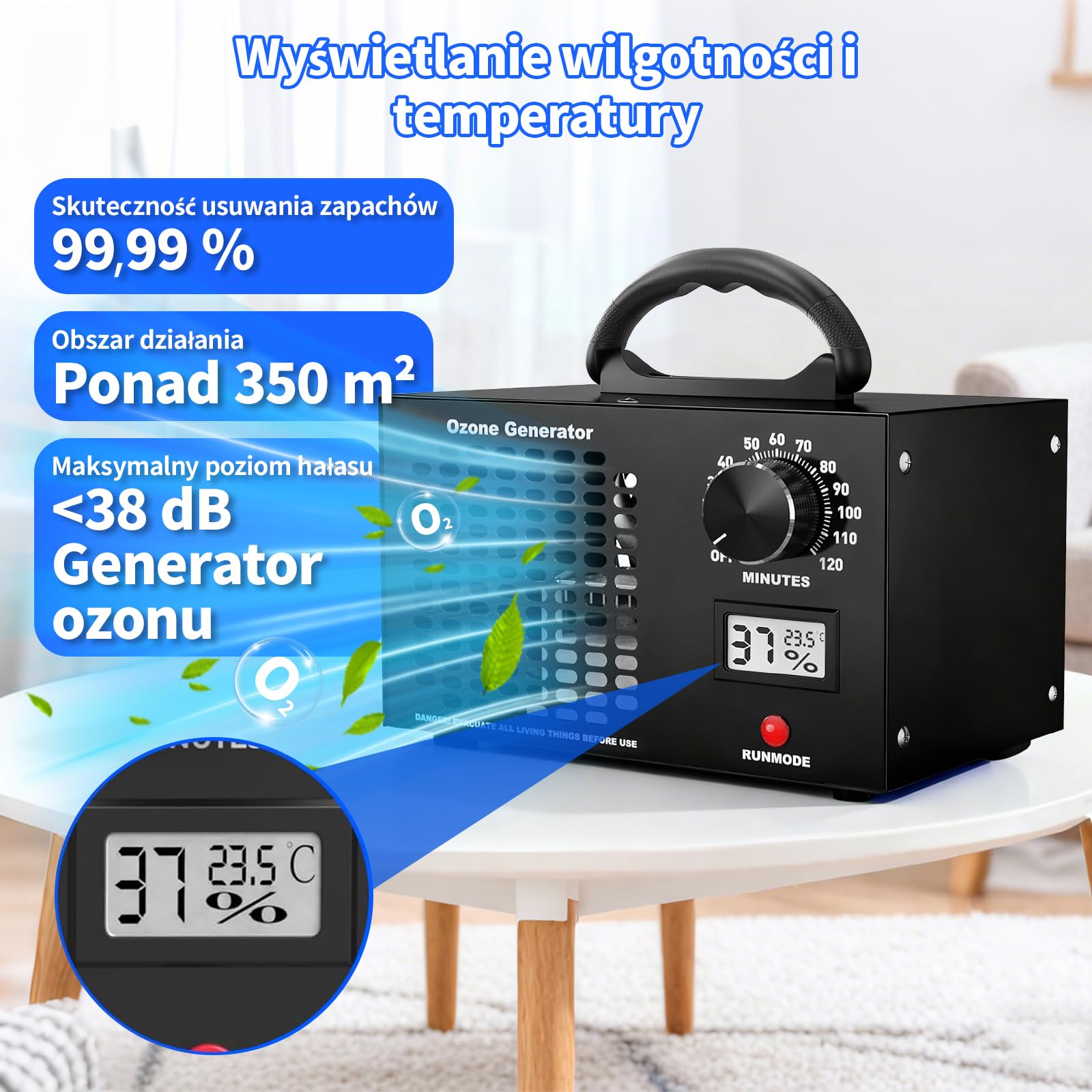 Generator ozonu O3 60 000 mg/h, ozonator do pomieszczeń do 350㎡ z timerem 120 min, wyświetlaczem temperatury i wilgotności, generatorem ozonu do samochodu, domu, kuchni, hotelu i pomieszczeń
