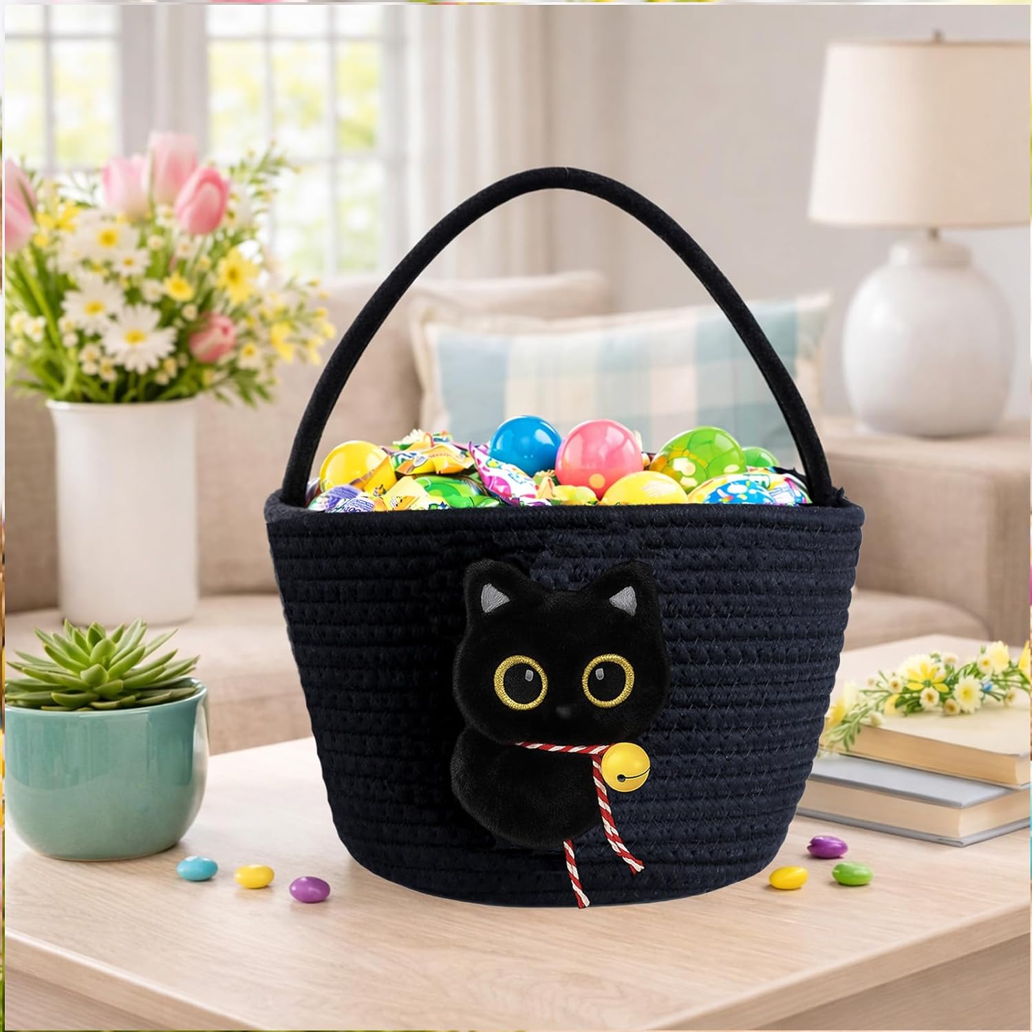 Plush Black Cat Basket – Woven Halloween & Easter Basket for Kids, Seasonal Decor for Cat Lovers, Perfect Baby Shower Gifts Basket with Handle