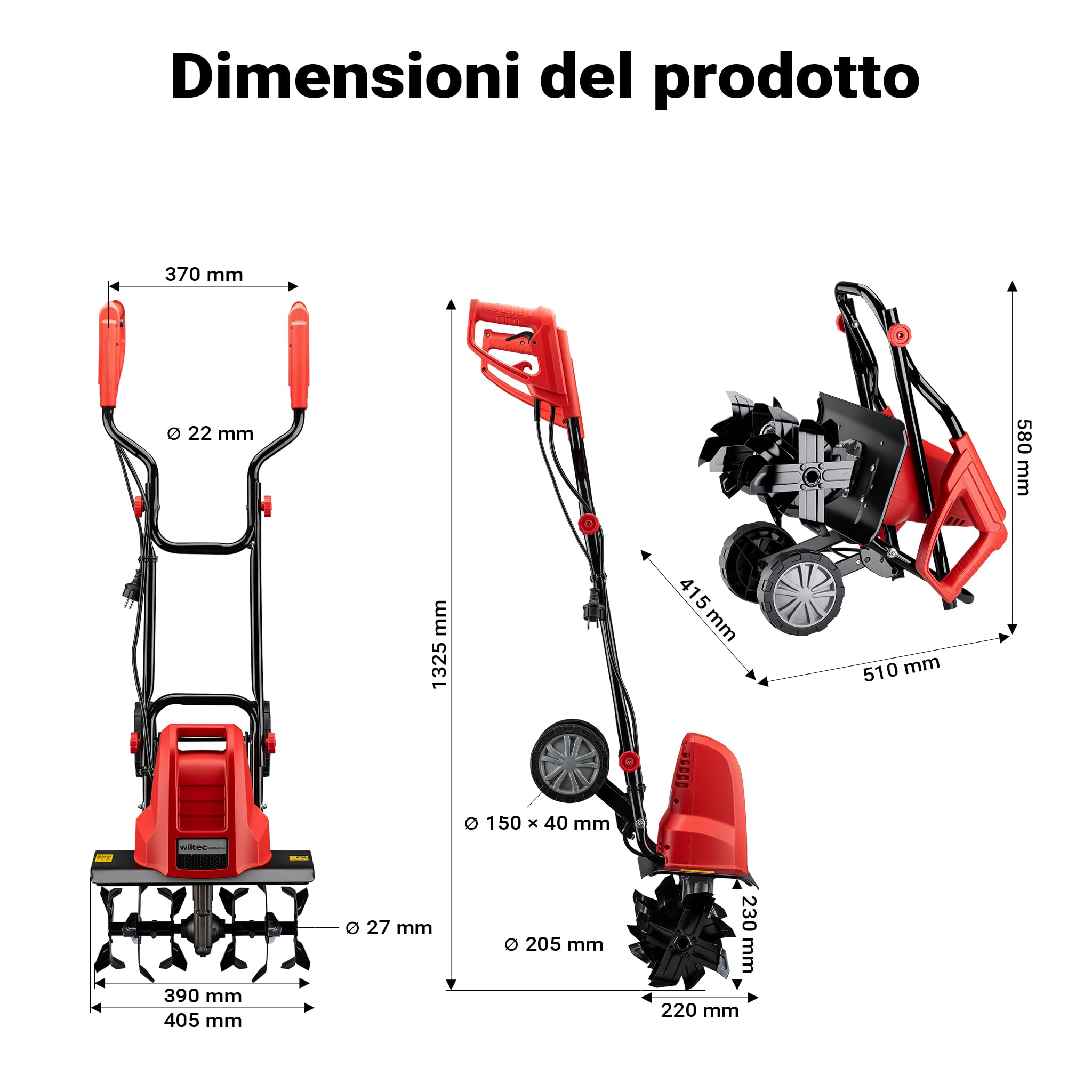 Wiltec Motozappa elettrica per giardino, 1500 W 400 rpm, 24 lame, Elettrozappa Fresa per orto