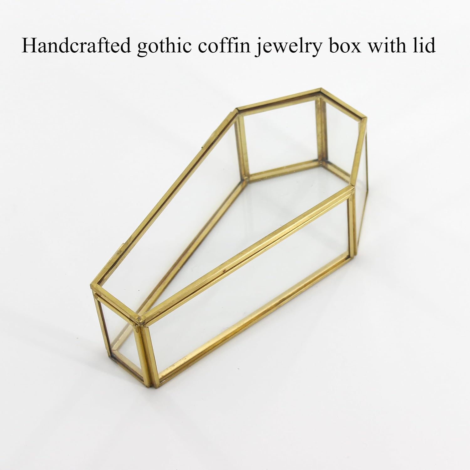 Handmade Brass & Glass Coffin Jewelry Box – Mini Gothic Trinket Organizer with Lid, Witchy Altar Decor, Halloween Ring Holder, Vintage Display Case for Home, Gold