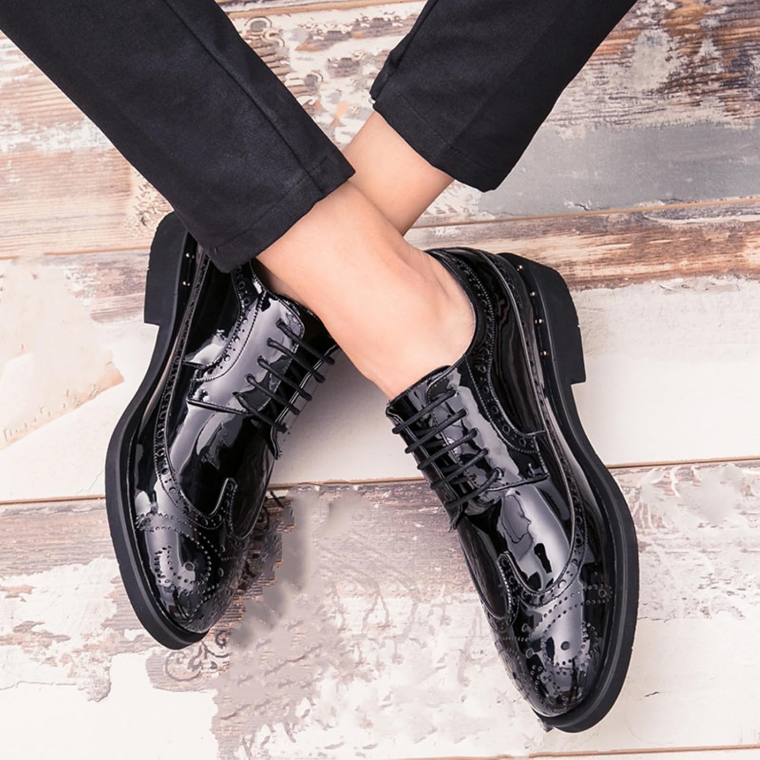 Men's Sparkle Patent Leather Brogue Wingtip Lace Up Dress Oxford Shoes Tuxedo Modern Round Toe Slip On Derby Shoes for Wedding Evening Party - Image 3