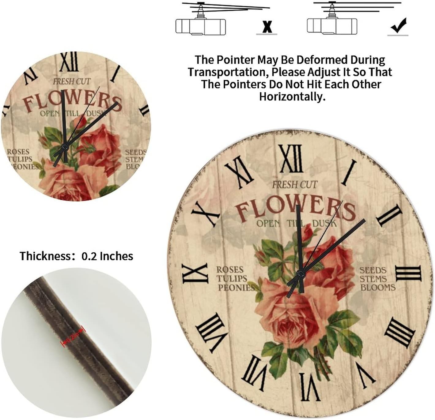 Rustic Hanging Clock 15in Fresh Cut Rose Wooden Clock French Flowers Tuscan Style Battery Operated Non Ticking Analog Home Accessories for Mantel Sunroom Office Back Patio