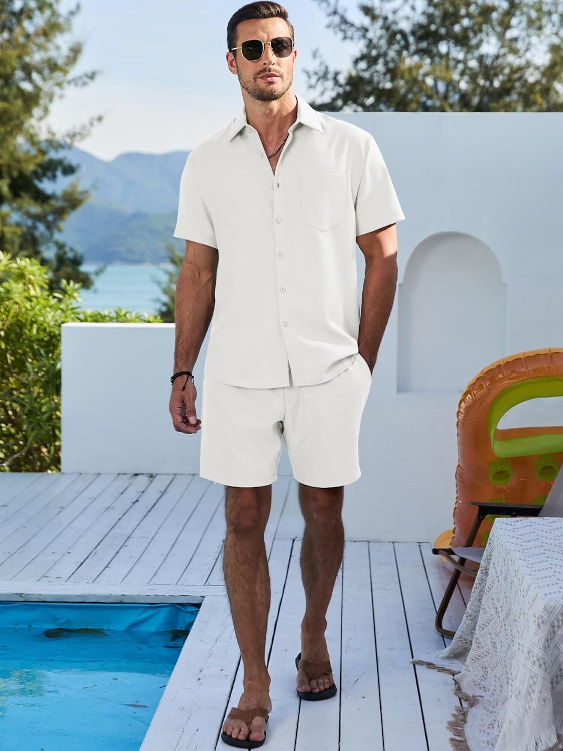Dokotoo Men Men's 2 Piece Casual Summer Beach Button Down Shirt Short Sleeve Solid Shirts and Shorts Yoga Outfits Sets