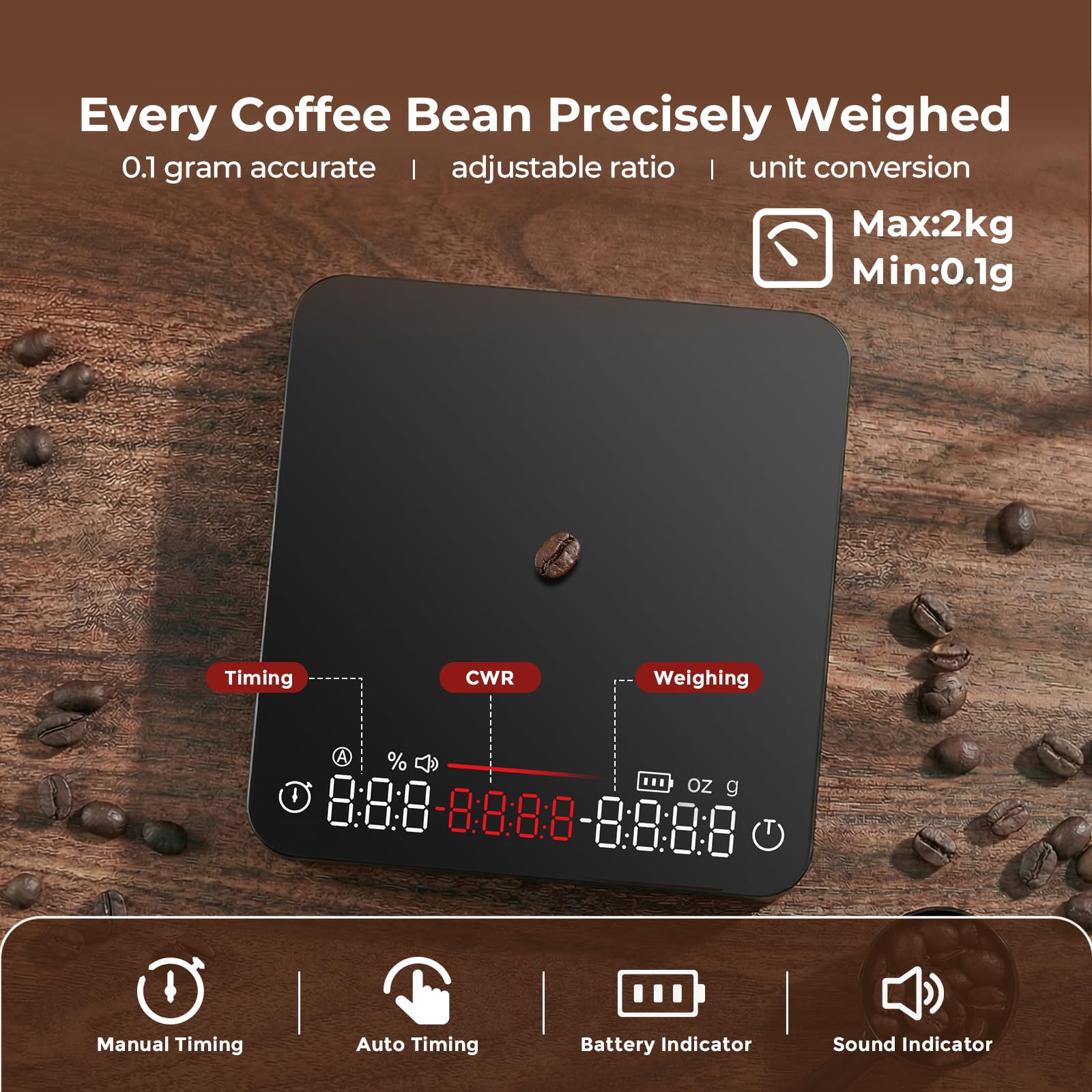 Mini balance à café rechargeable USB-C avec minuterie