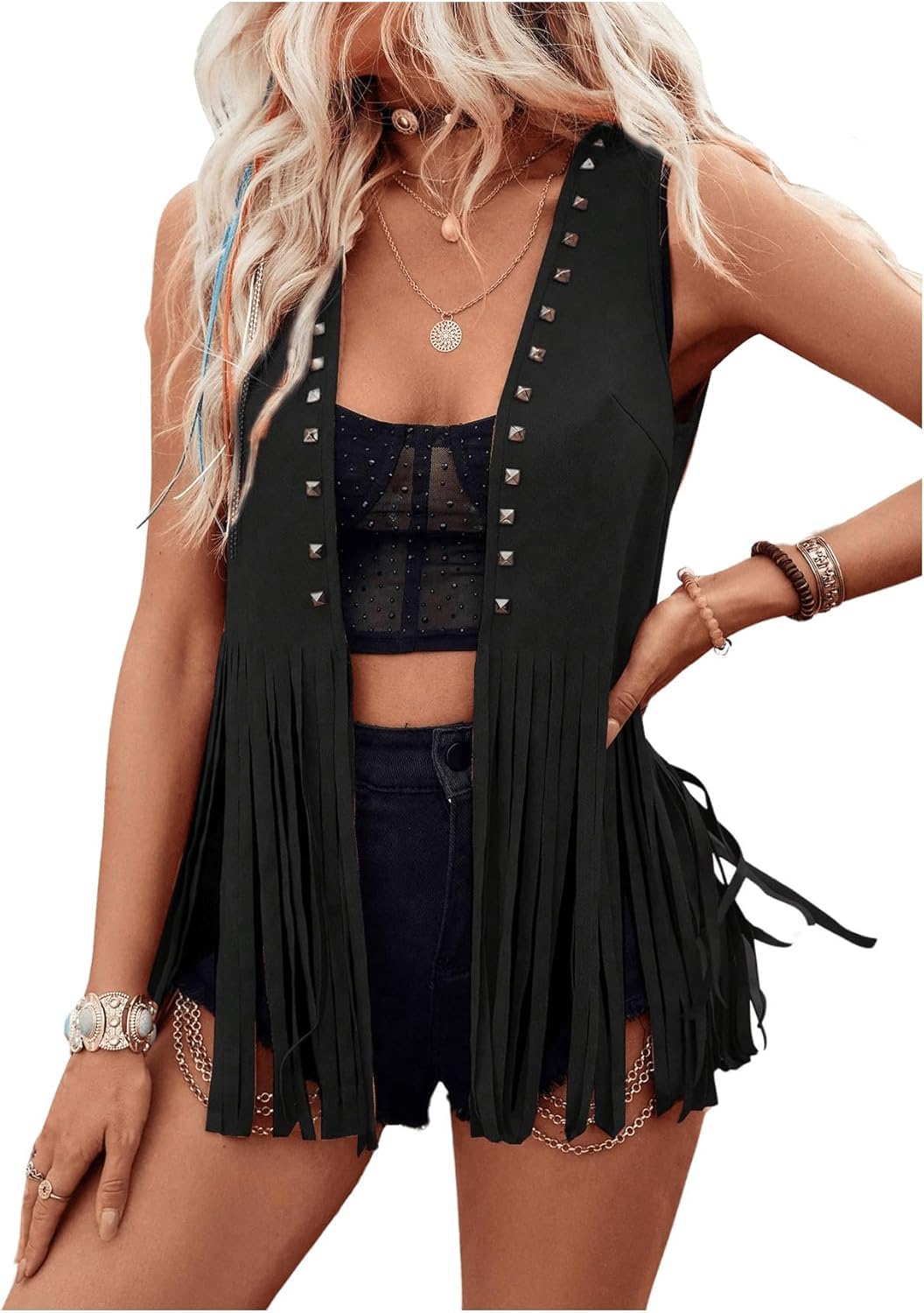 Women Plus Size Western Fringe Vest 60s 70s Hippie Faux Suede Cowboy Cowgirl Vest Sleeveless Open Front Jacket