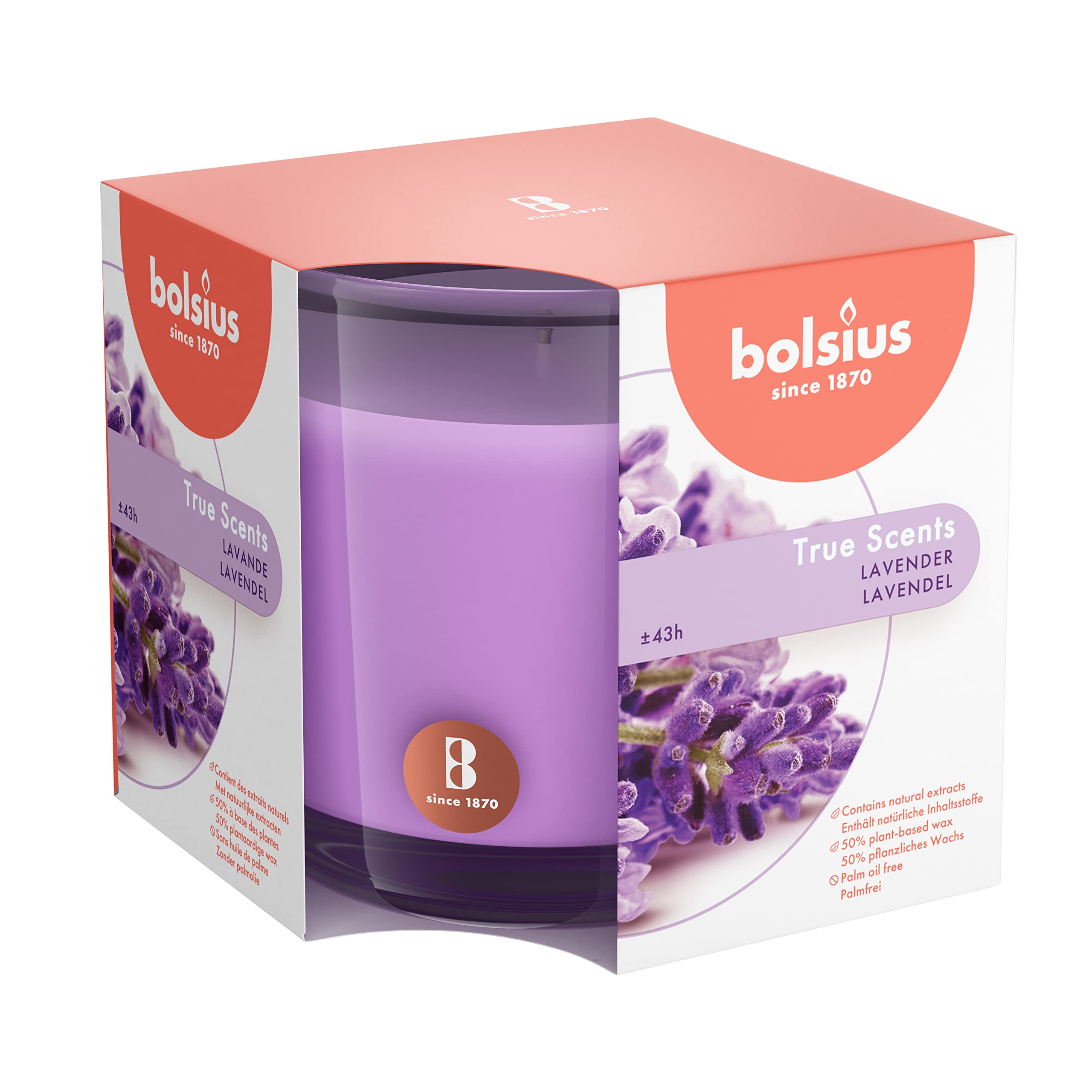 Bolsius Premium Lavender Scented Candle - Long-Lasting Candle Jar, 43+ Hours Burning Time - Natural Lavender Candle with Plant-Based Wax- Smokeless. Clean-Burning Aromatherapy Candle - Large, 8oz Jar