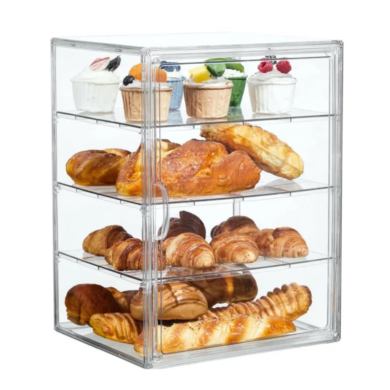Pastry Display Case 4 Layers Adjustable Bakery Display Bins, Clear Acrylic Bread Box with Magnetic Door for Bagels Muffins bread box for Kitchen Countertop Keeps Bread and Rolls 29.5x25x39.5cm