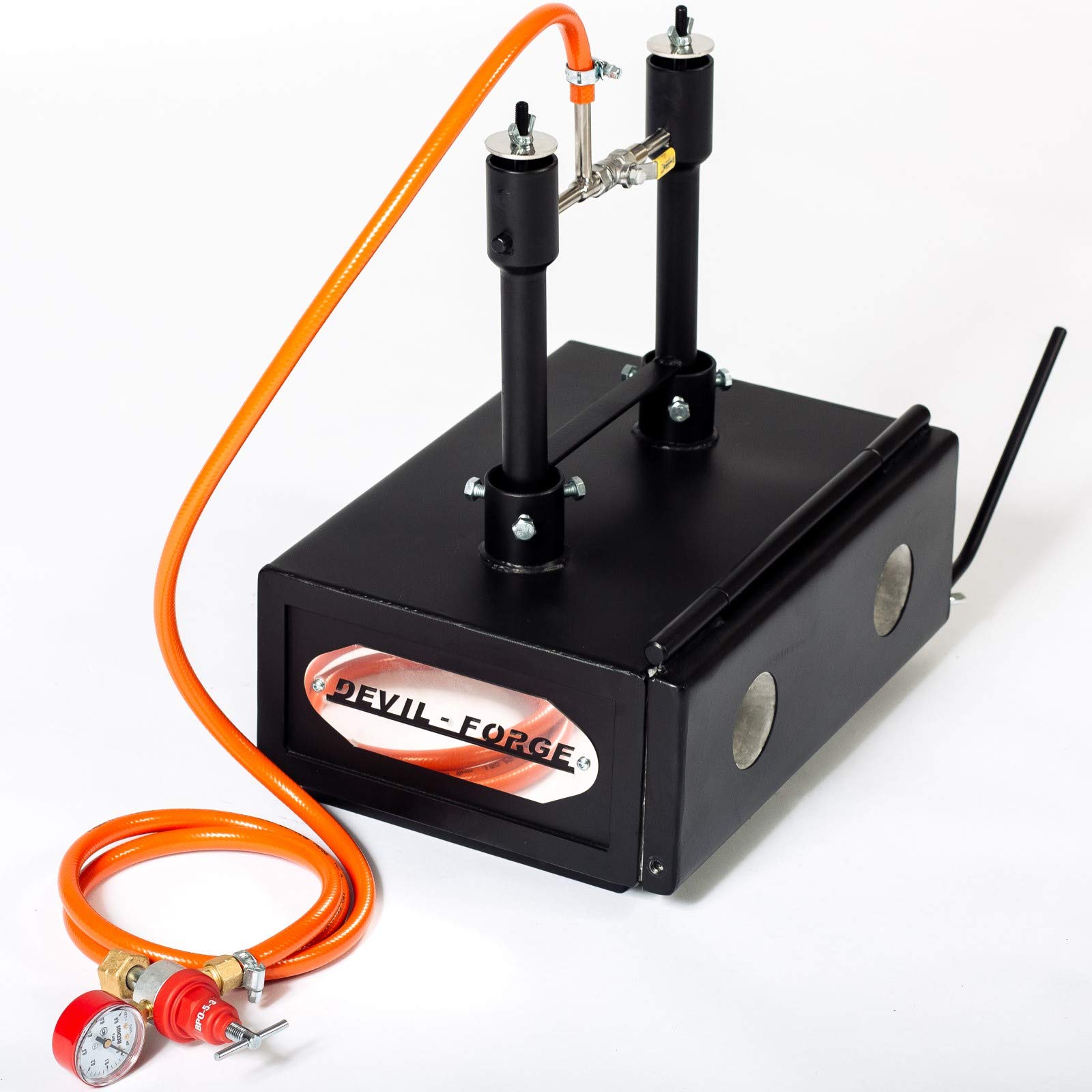 DEVIL-FORGE Fragua de gas DFHS2+1D/3.6” Horno de Forja, 2 Quemadores DFP (160.000 BTU) usas 1 o 2, Válvula de bola gas, Estrangulador de aire, 1 Puerta, cuchillos, herraduras, Herrero, Herrador 1370°C