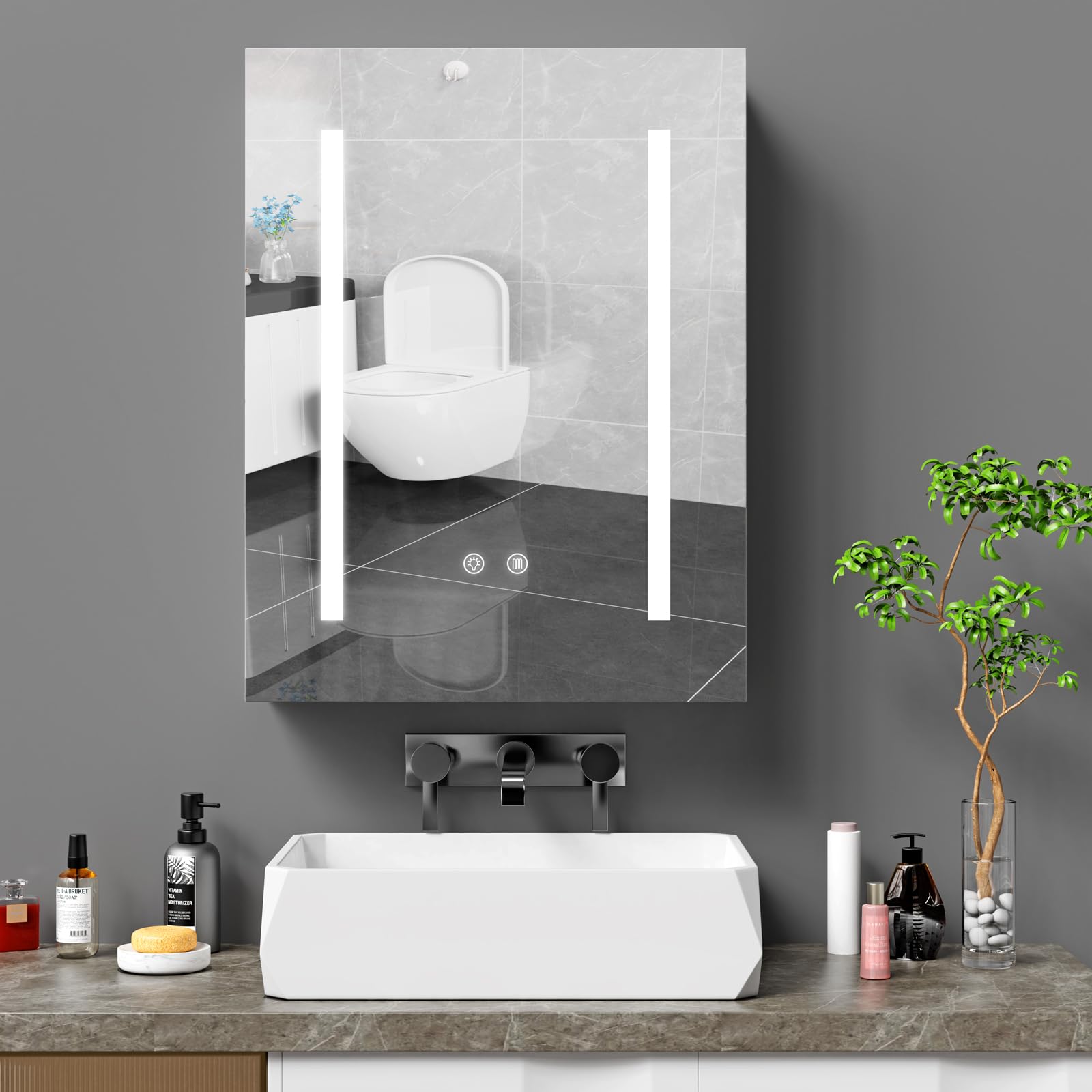 Armario Espejo baño con luz, Mueble de Baño, 3 Estantes Ajustable
