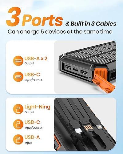 Miniatura 4 de FEELLE Cargador solar para exteriores 27000mAh Power Bank con cables incorporados - Cargador portátil de carga rápida de 15 W con 2 linternas para