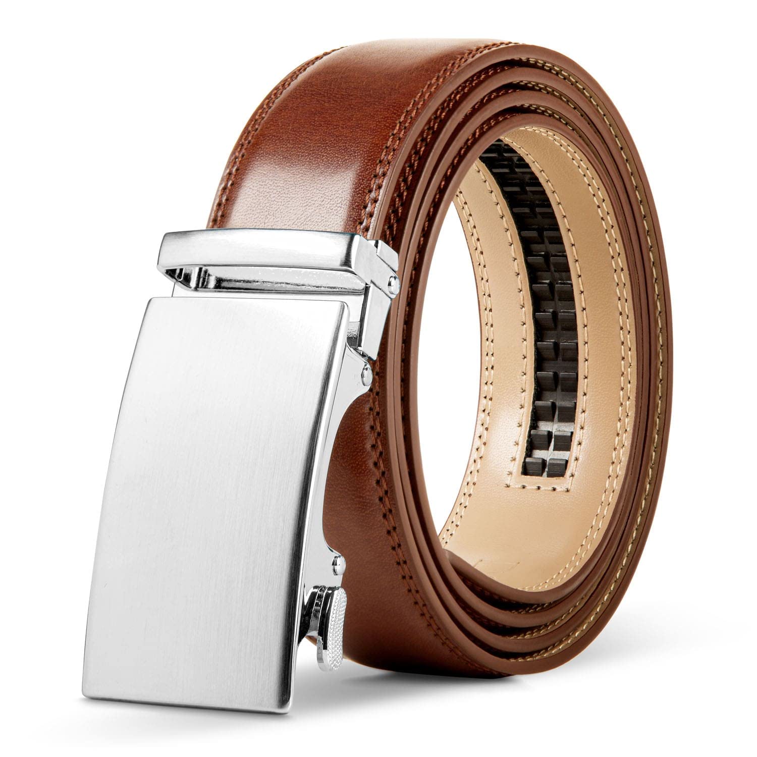 DQT Mens Leather Ratchet Belt – Automatic Buckle Dress Belt with Gift Box - Cordovan