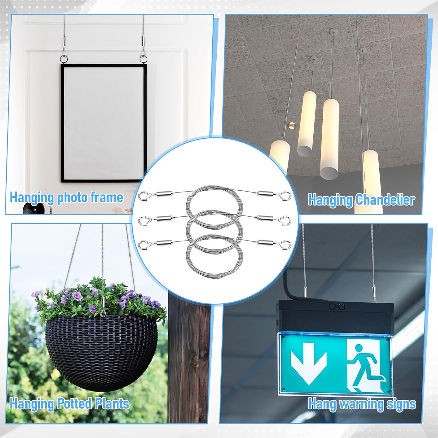 6 Pcs Picture Hanging Wires Heavy Duty Adjustable Art Hanging Wire 9.8FT x1.5mm Stainless Steel Frame Wires Rope for Mirrors Frames Artwork Basket Flowerpot Light Lamp Billboard (hold up to 30kg/66lb)