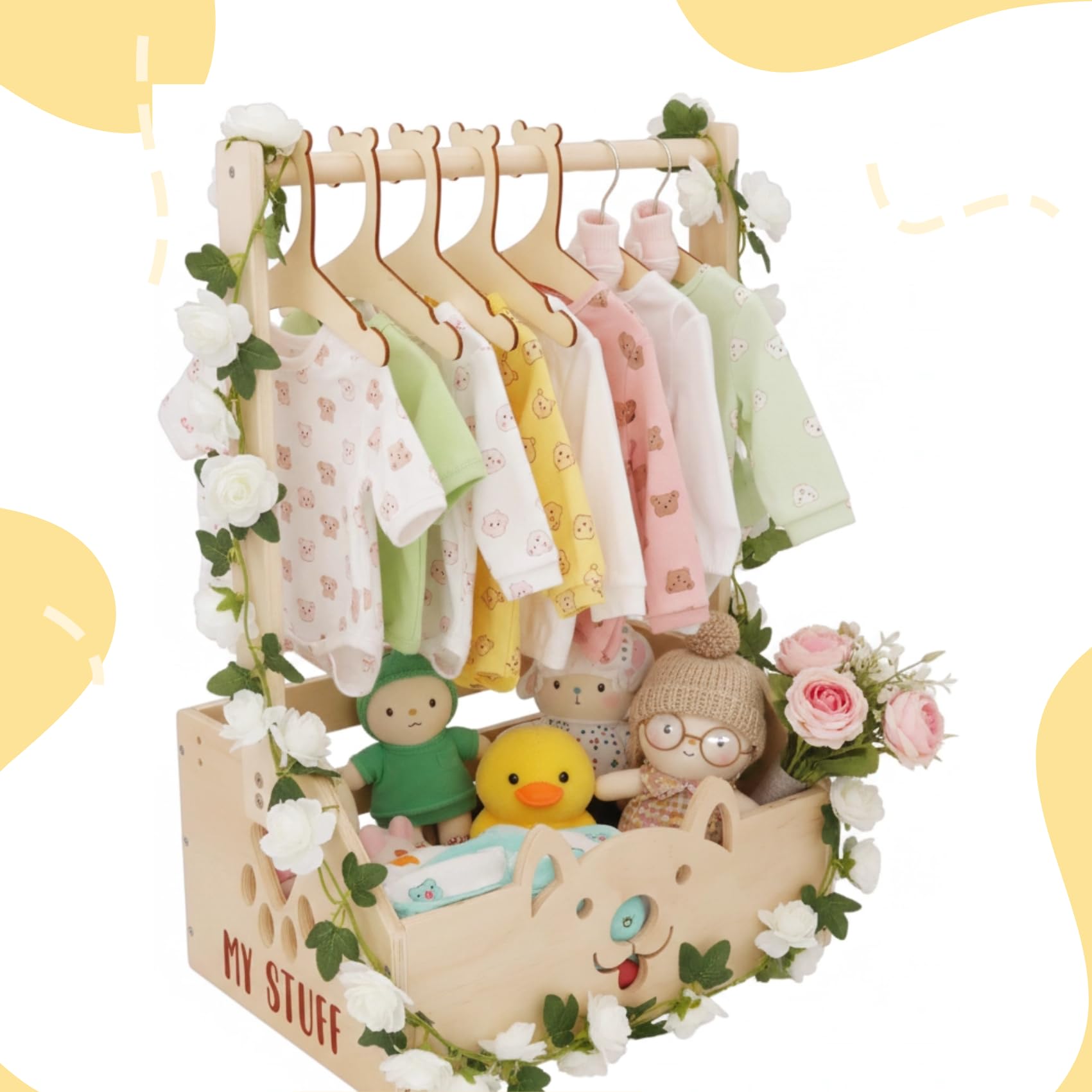 Panier cadeau en bois, baby shower en bois avec poignée, cintres pour enfants, guirlande et petit tiroir pour nouveau-né baby shower nouveaux parents (boîte en bois de roses blanches)