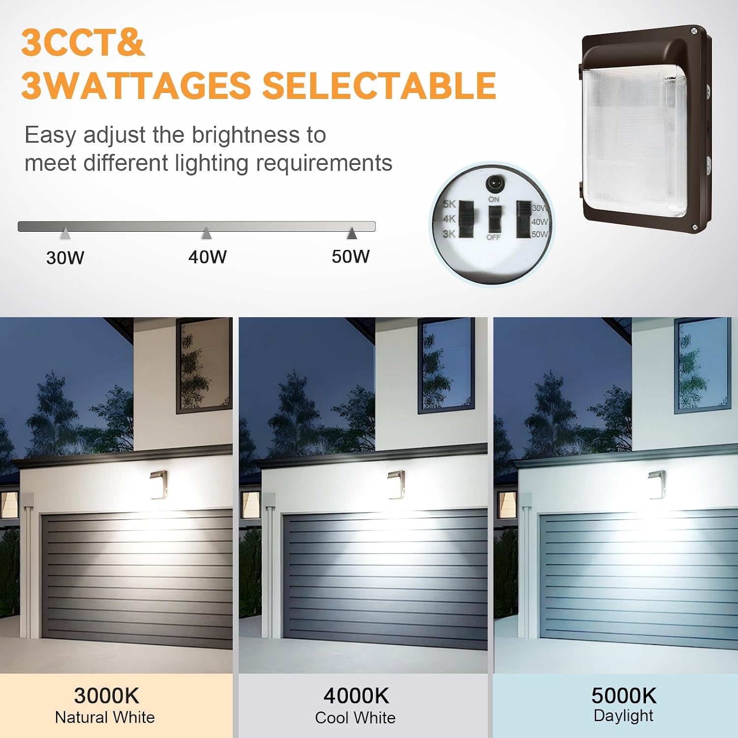 LED Wall Pack Light, 50W/40W/30W & 3000K/4000K/5000K Adjustable, AC120-277V, 0-10V Dimmable, IP65, 6750LM LED Wall Pack with Photocell for Shop, Entryway, UL Listed, 4Pack
