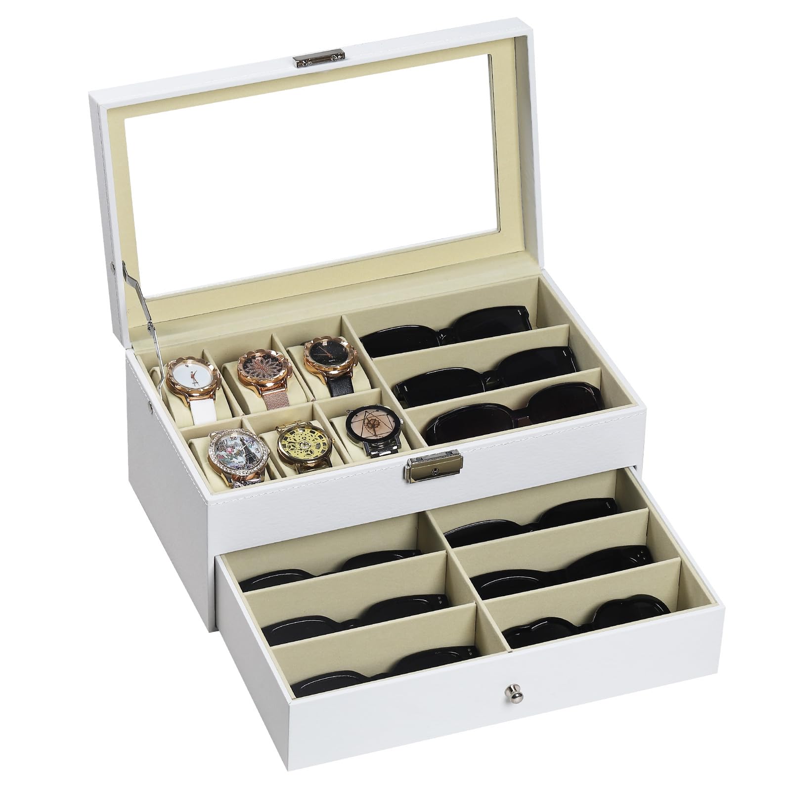 AUTOARK Leather 6 Watch Box Jewelry Case and 9 Piece Eyeglasses Storage and Sunglass Glasses Display Drawer Lockable