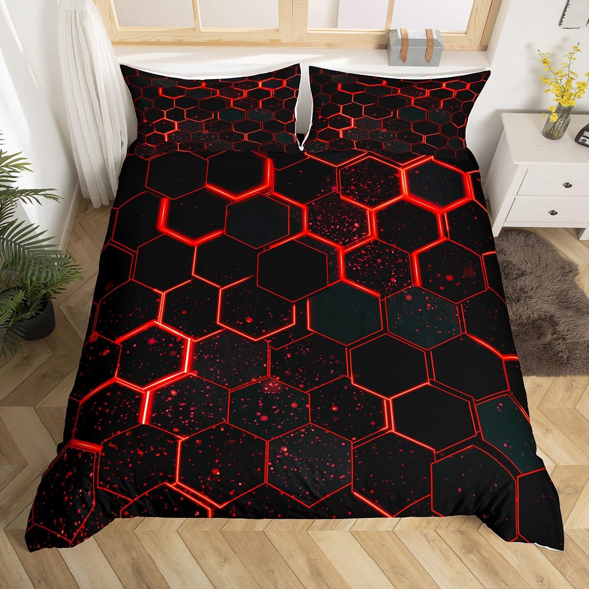Black Red Honeycomb Duvet Cover Neon Hexagon Comforter Cover Geometric Beehive Super King Size Bedding Set for Boys,Abstract Line Art Bed Set Modern Room Decor with 2 Pillowcases