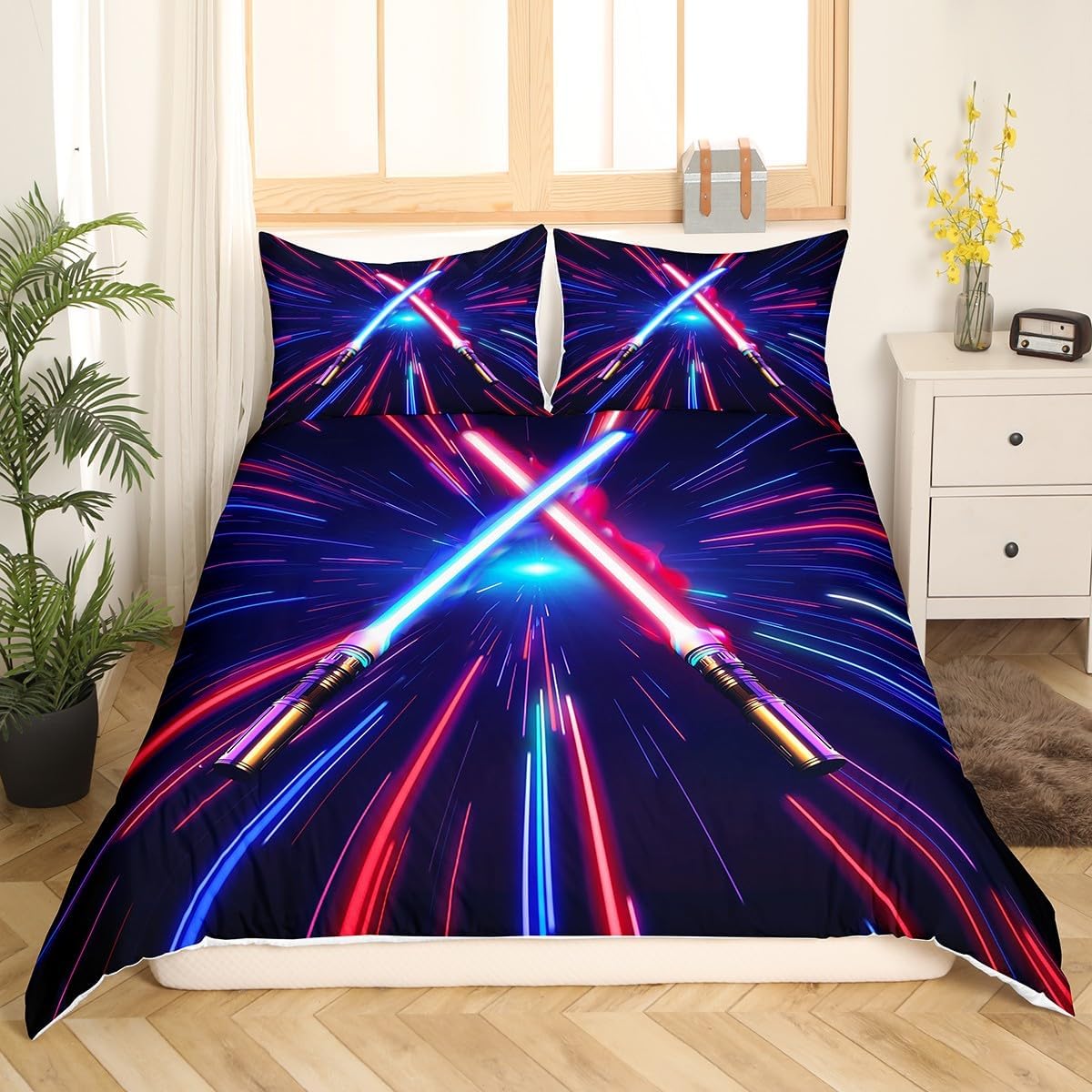Lightsaber Duvet Cover Set King Size,Geometric Lines Stripes Gradient Bedding Set 3pcs for Kids Teens Boys Adults Bedroom Decor,Modern Fashion Comforter Cover Red Blue Chic Quilt Cover,2 Pillowcases