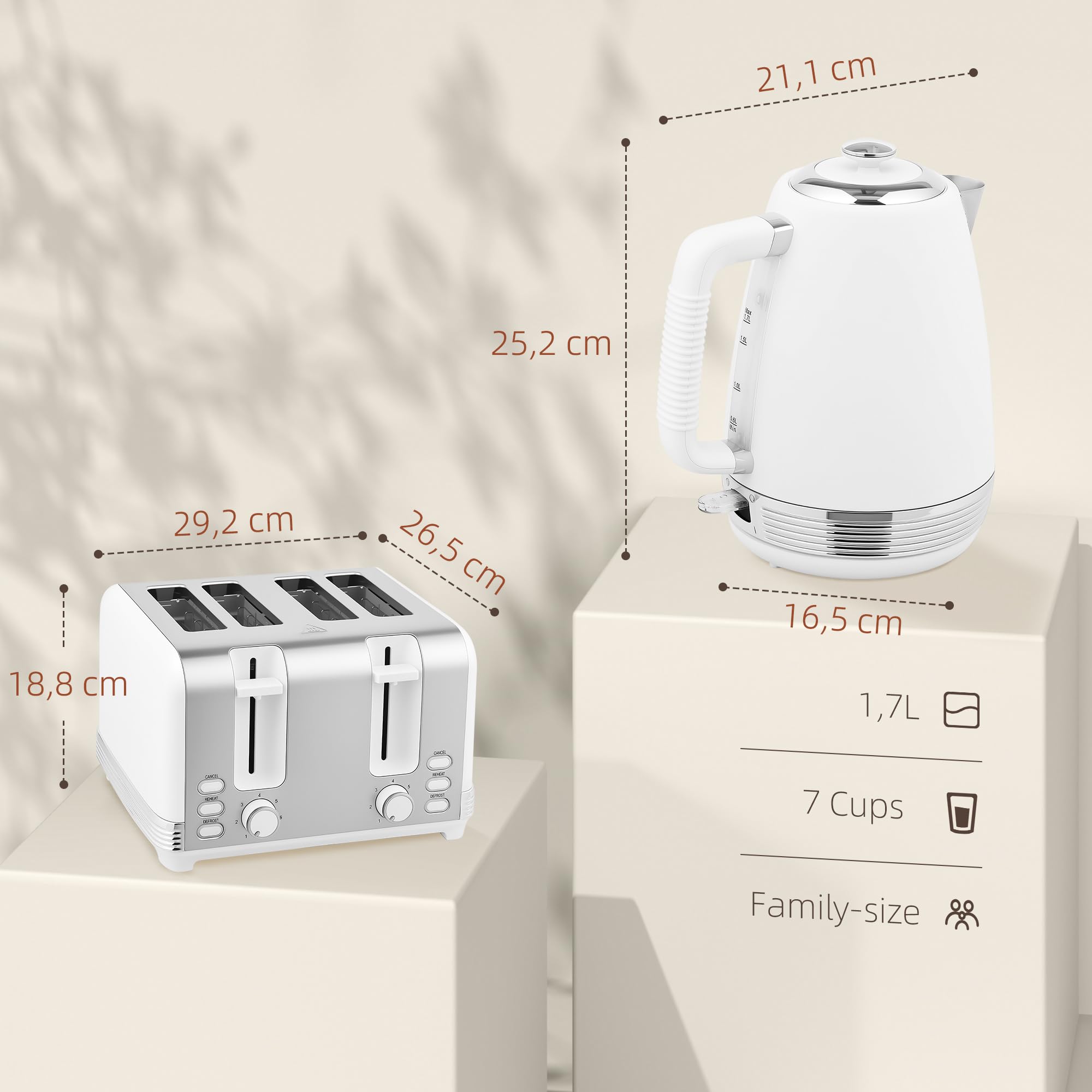 HOMCOM Ensemble bouilloire et grille-pain en inox 2200 W et 1,7 L, grille-pain 4 tranches, 7 niveaux de brunissage, chauffage rapide, thermostat Strix, filtre anticalcaire et plateau à miettes, blanc