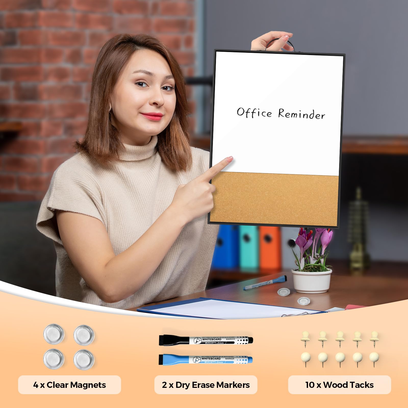 Pizarra blanca pequeña de corcho, pizarra magnética de borrado en seco de 16 x 12 pulgadas y tablero de corcho de anuncios con asa para colgar en la pared, pizarra blanca portátil con marco de