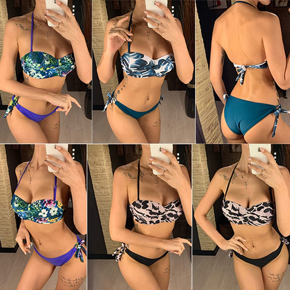 CheChury Bikini Mujer Traje de baño Bandeau Brasileño Cintura Alta con Impresión Relleno