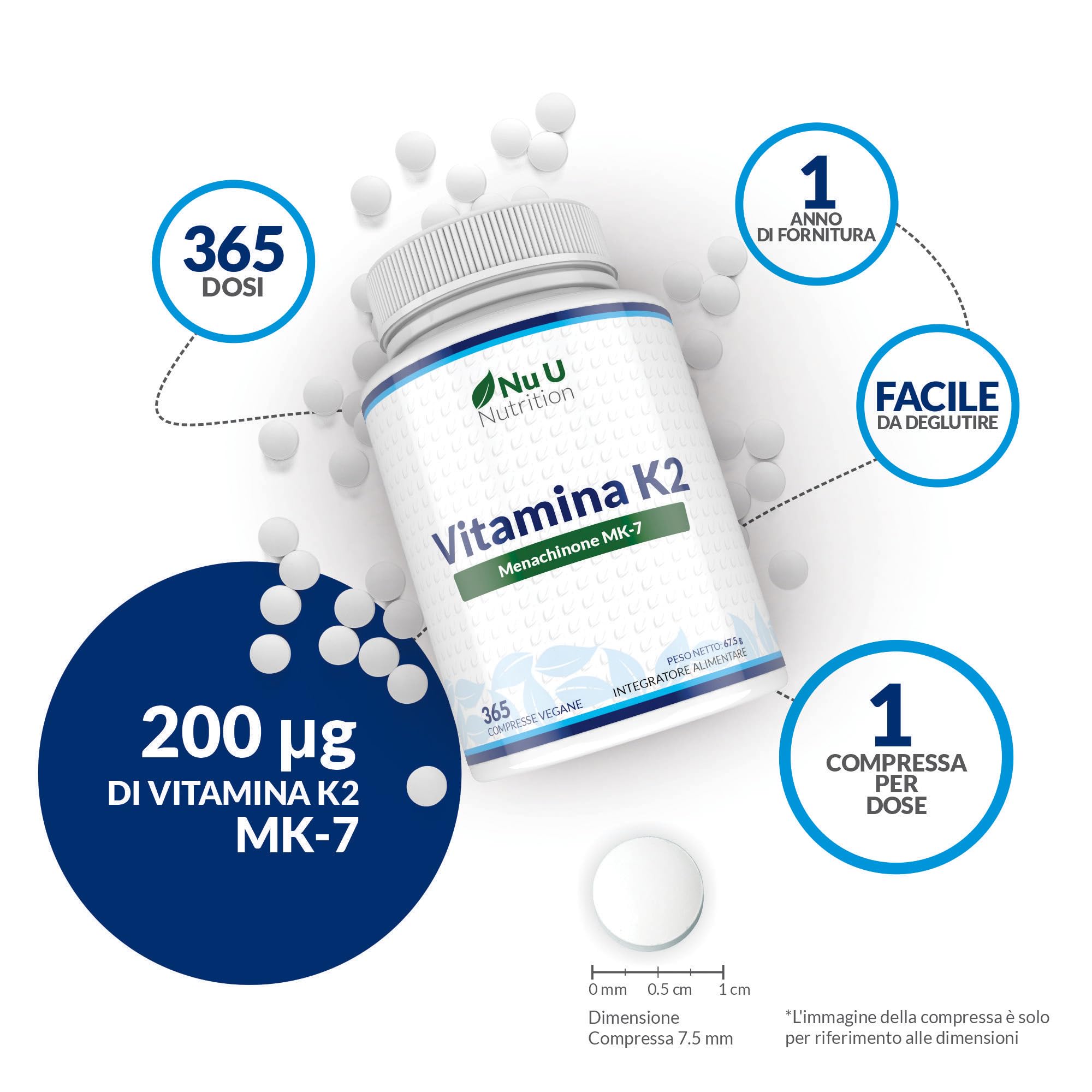 Vitamina K2 MK7 200mcg - 365 Compresse Vegane - 1 Anno di Scorta - Alta Concentrazione di Vit K Menachinone MK-7 da Natto - Prodotto in Europa - Nu U Nutrition