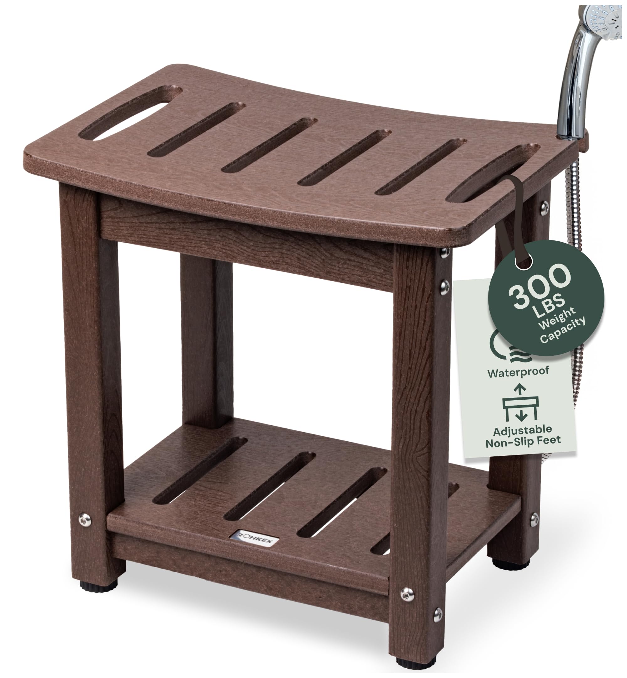 rohkex waterproof shower bench with storage shelf, brown, wood-looking plastic frame, adjustable feet, 18-inch corner seat, ideal for shaving legs, heavy duty, easy to clean