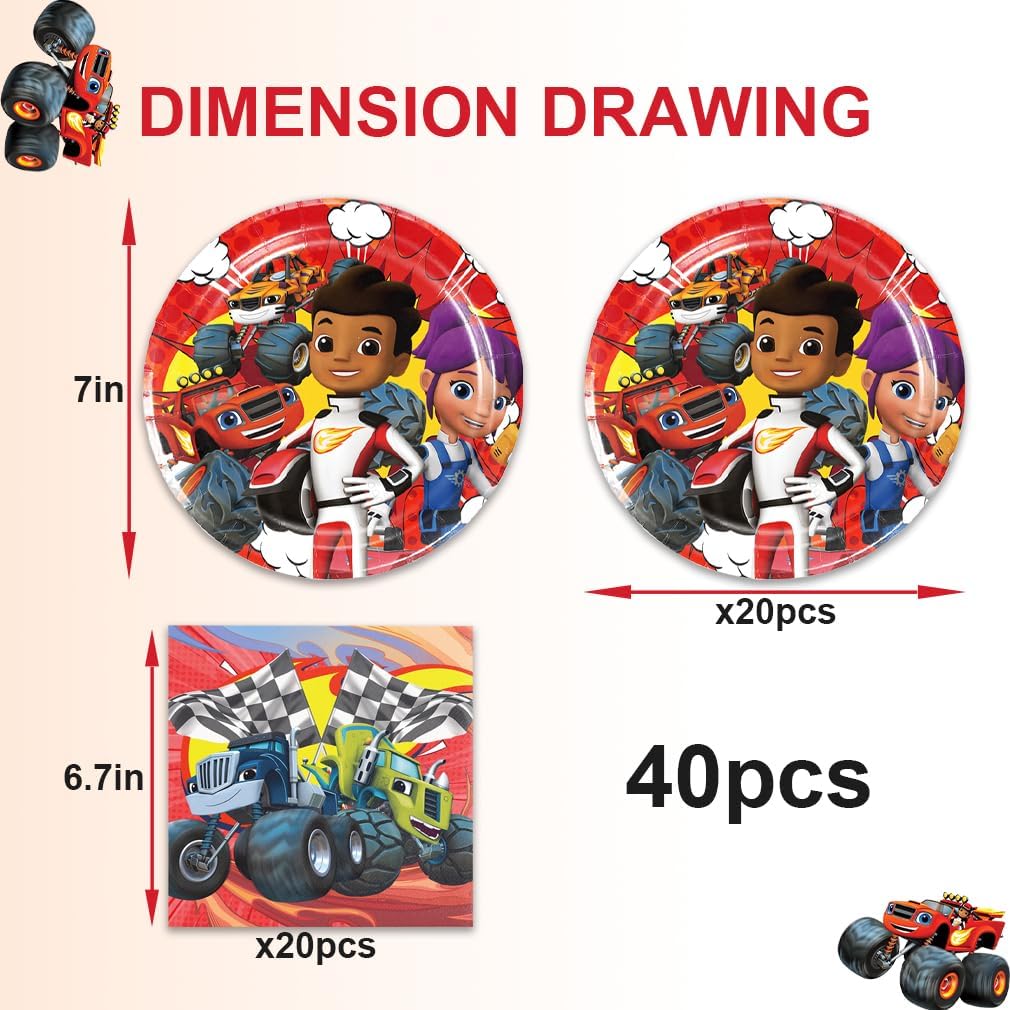 40Pack Blaze and the monster Birthday Party Supplies include 20 plates, 20 napkins for the Party Decoration (Cat New)