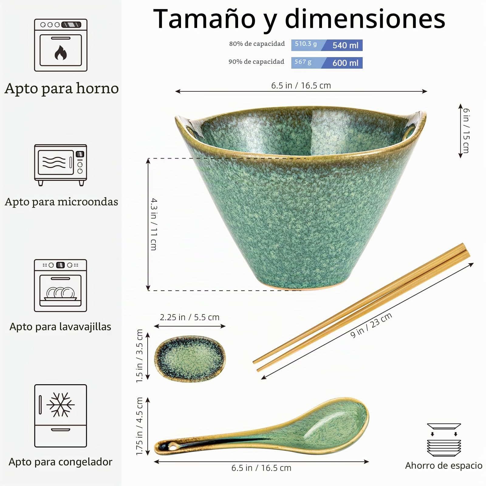 HENXFEN LEAD Tazón de ramen japonés, 2 unidades, 600 ml, juego de cuencos de cerámica con palillos, cuchara y cuchara, verde brillante