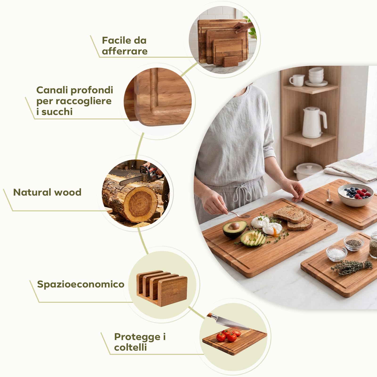 Set Taglieri 3 Pezzi in Legno di Acacia Massello con Supporto | 40x30cm 33x24cm 26x18cm | Taglieri Spessi 2cm con Canaletto e Piedini Antiscivolo