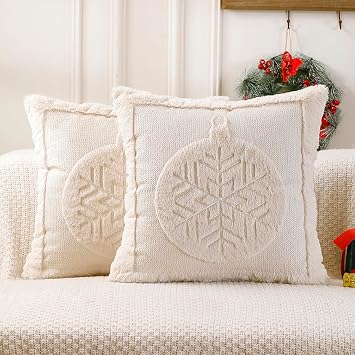 VAKADO Christmas Beige Throw Pillow Covers 18x18 Set of 2 ,Winter Xmas Holiday Decoration Outdoor Snow Flake Decorative Home Decor for Couch Festival Bed Sofa Bedroom Living Room Office
