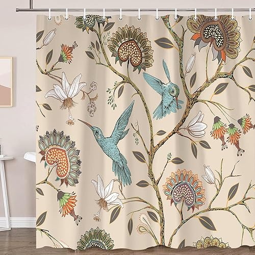 Shocur Cortina de ducha bohemia, pájaros divertidos y hojas de árbol en forma de corazón bohemio, colibrí verde azulado y flores blancas, 60 x 72